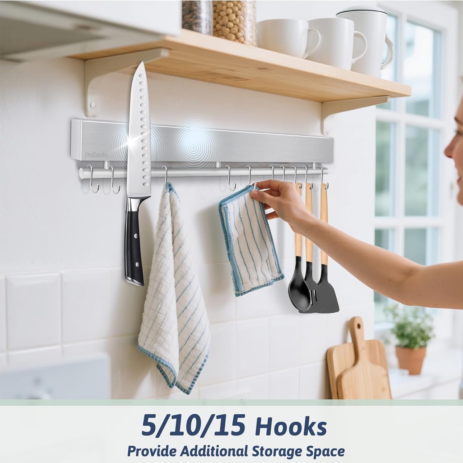 17 Inch Magnetic Knife Holder for Wall - Stainless Steel Knife Magnetic Strip No Drill with 10 Hooks/Adhesive Tape/Screws, Kitchen Utensil Holder, Magnetic Knife Organizer, Wall Mounted Knife Storage