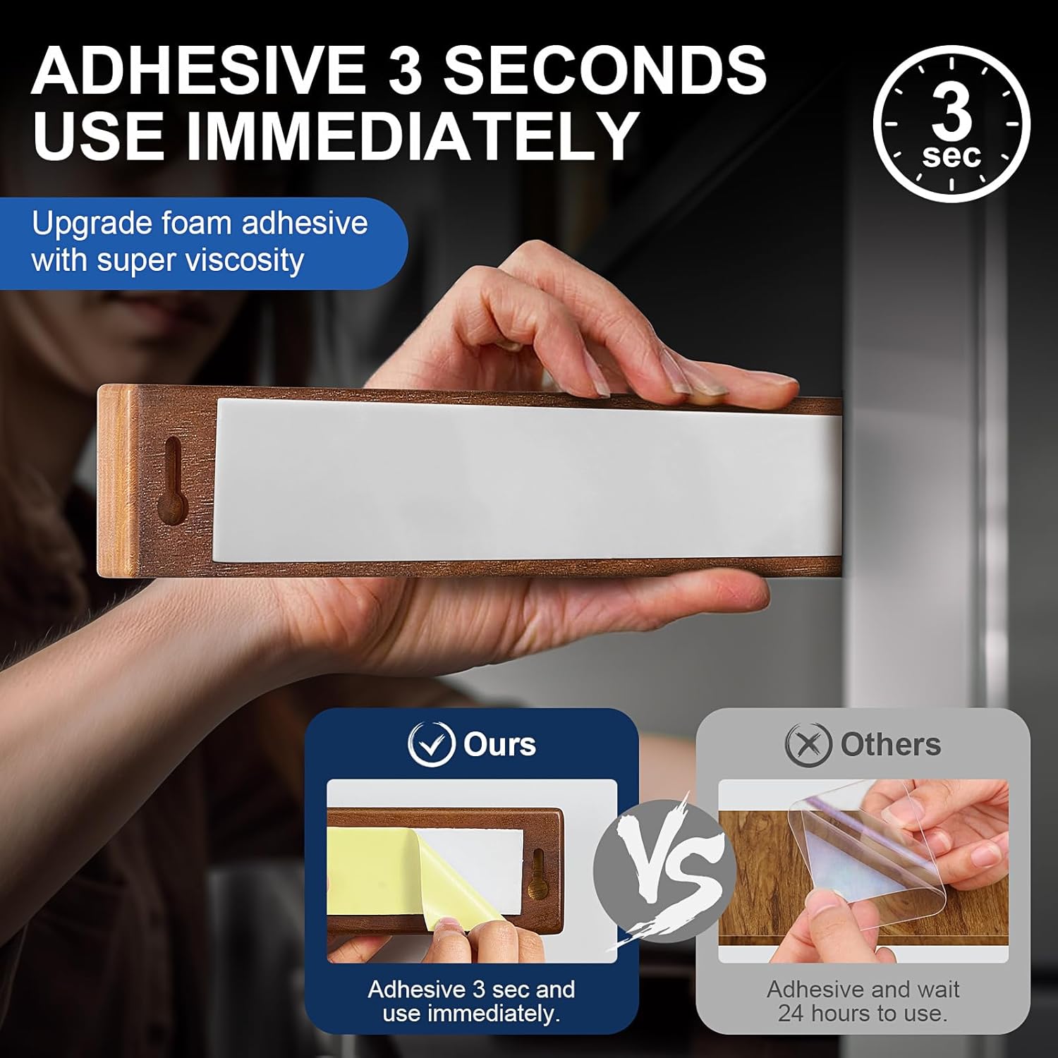 ENOKING 16 Inch Strong Magnetic Knife Holder for Wall, Solid Acacia Wood Knife Bar with 4 Hooks, 3-Way Installation: No-Drill Wall Mount, Screw Mount, & Refrigerator Slip-Proof Magnet Strip