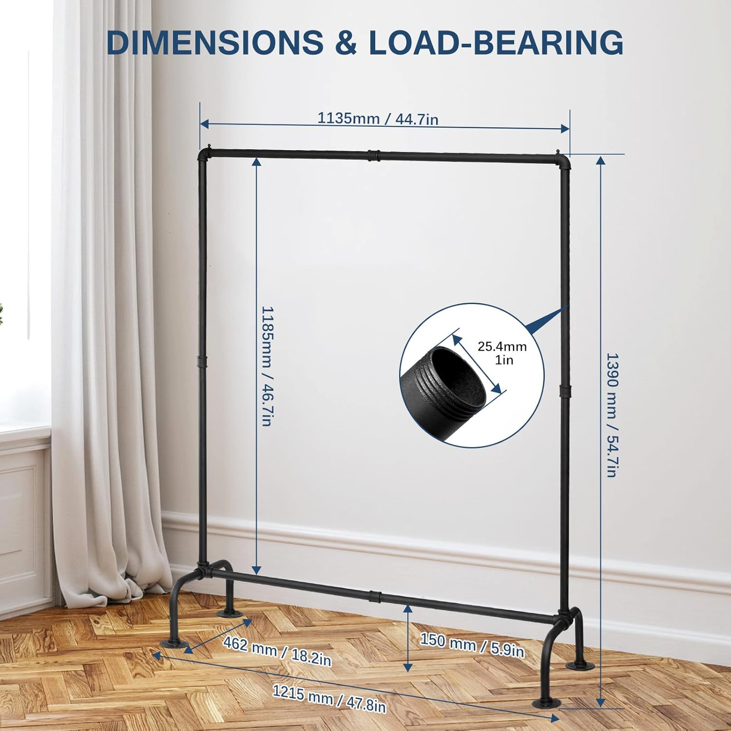 Industrial Pipe Clothing Rack Free Standing,Vintage Style Detachable Garment Rack with 4 Stable Feet for Hanging Clothes Storage Retail Display,Black