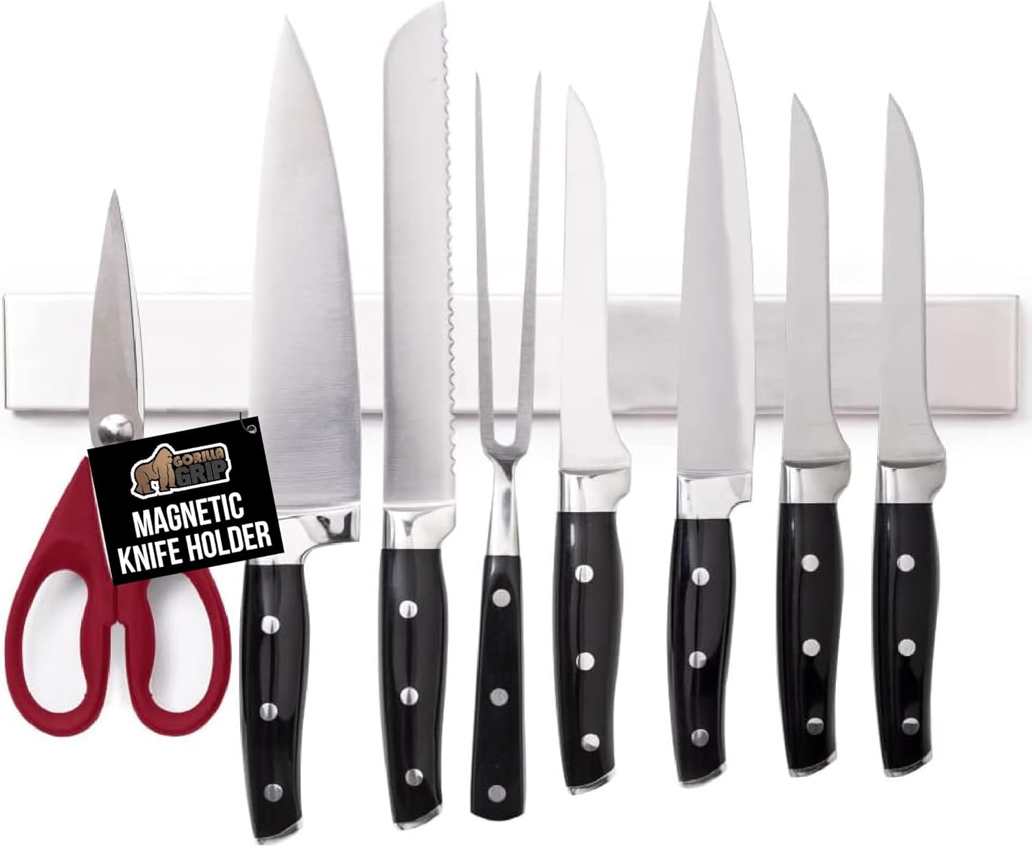 GORILLA GRIP Stainless Steel Magnetic Knife Holder for Wall, 24 in, Magnet Bar for Knives, Tools, Supplies, Heavy Duty Metal Strip Holds Up to 6 lbs, Kitchen Organizer, Non-Adhesive, Drilling Required