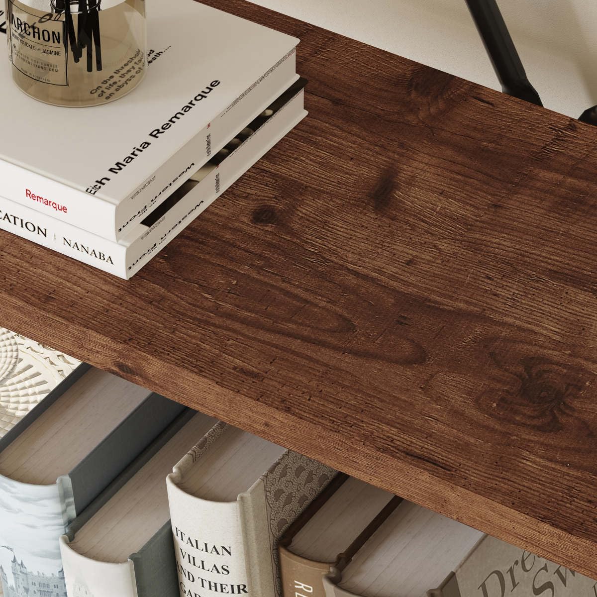 BON AUGURE Ladder Shelf Bookcase, 5-Tier Industrial Ladder Bookshelf, Tall Living Room Shelves, Wood and Metal Leaning Shelf for Home Office, Kitchen, Bedroom, Balcony (Rustic Oak)