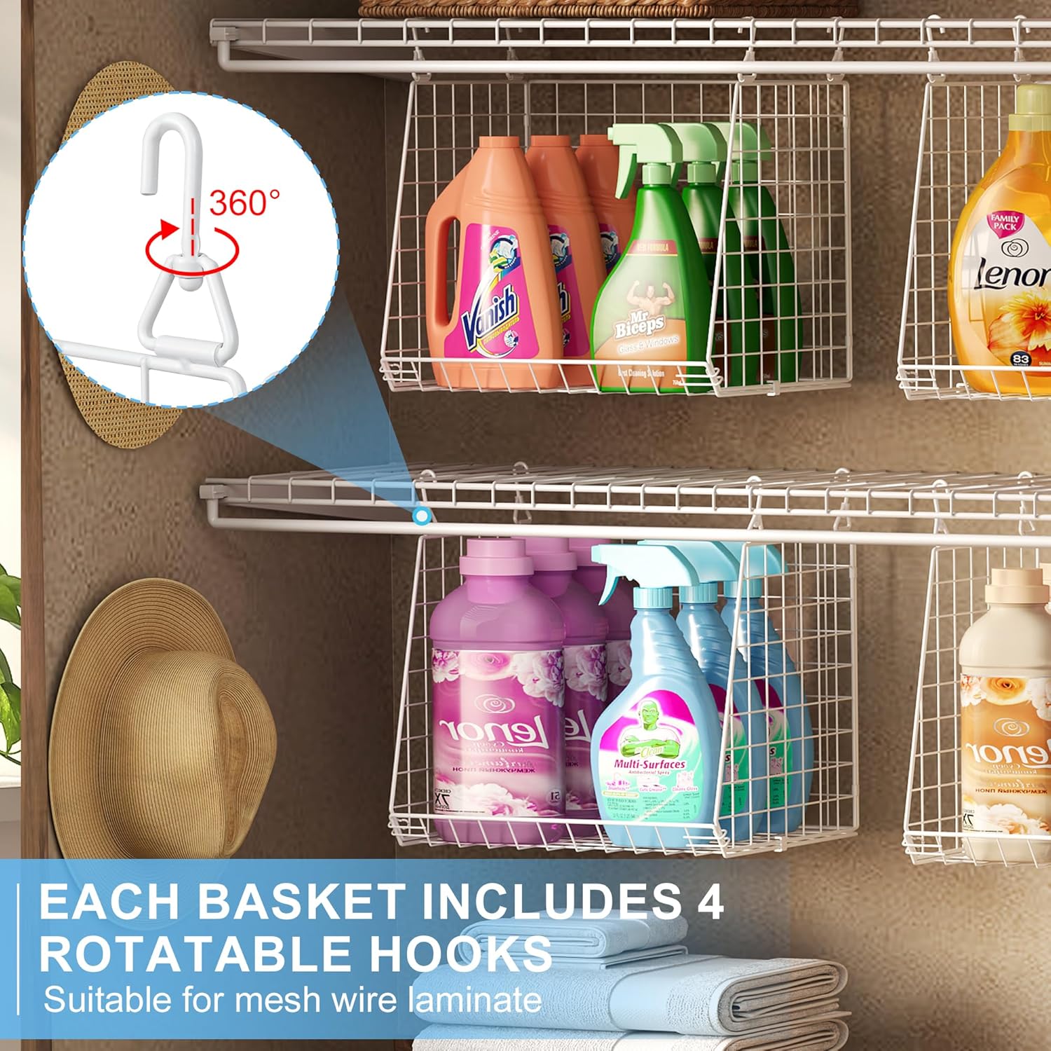 3-Pack Extra-Tall 13.6'' Hanging Laundry Basket Organizer, Foldable Wire Shelf with 360° Rotating Hooks & Reinforced Height - Durable Space-Saving Laundry Room & Closet Organizer, White Patent