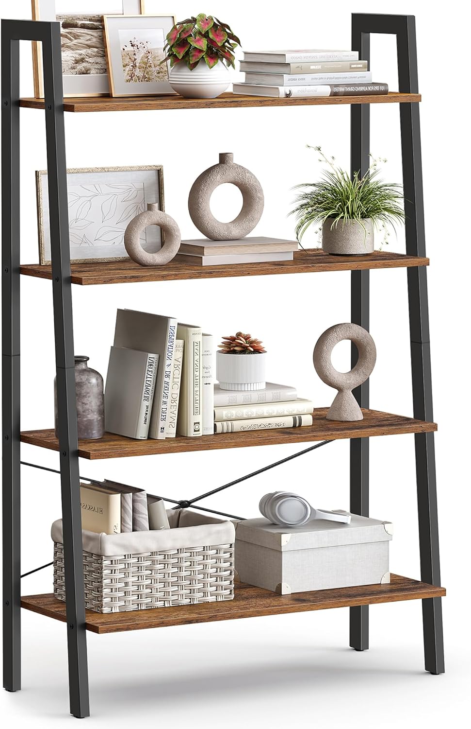 VASAGLE Ladder Shelf, 5-Tier Bookshelf, Storage Rack, Bookcase with Steel Frame, for Living Room, Home Office, Kitchen, Bedroom, Industrial Style, Ebony Black and Ink Black ULLS045B56