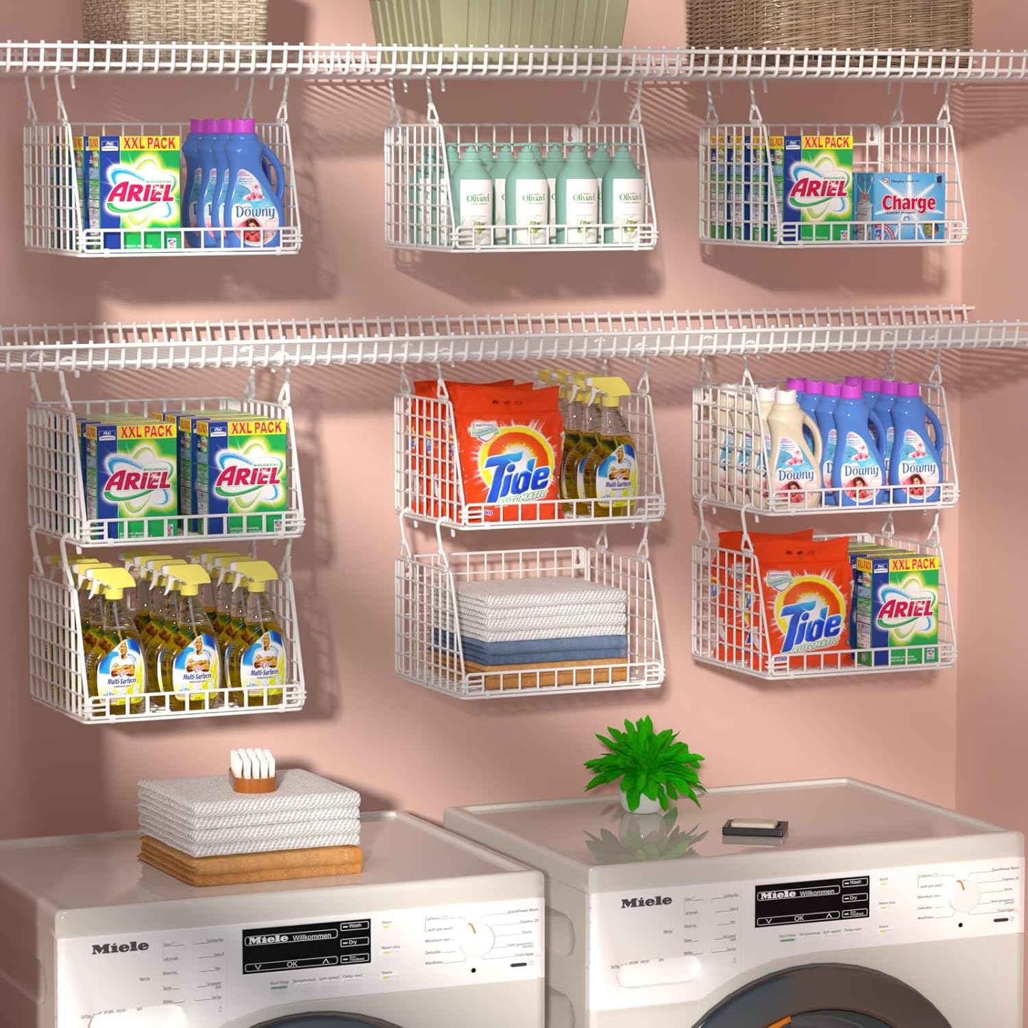 3-Pack Laundry Room Organization and Storage, Hanging Wire Basket for Laundry with 360°Rotating Hooks, Over Washer and Dryer Shelves, Laundry Organizers and Storage Basket, white