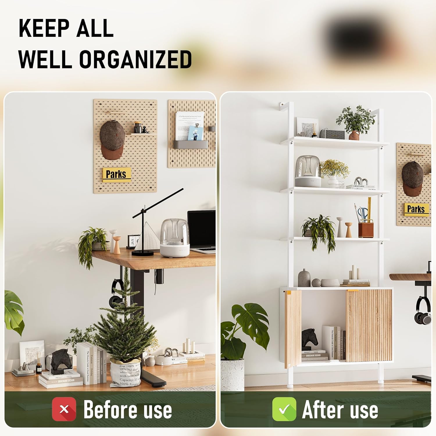 74" Tall Bookshelf with Storage Cabinet, Modern Ladder Shelf with Wood and Metal Frame, Wall Mount Bookcase Open Display Shelf Furniture for Living Room, Bedroom, Home Office, White and Oak