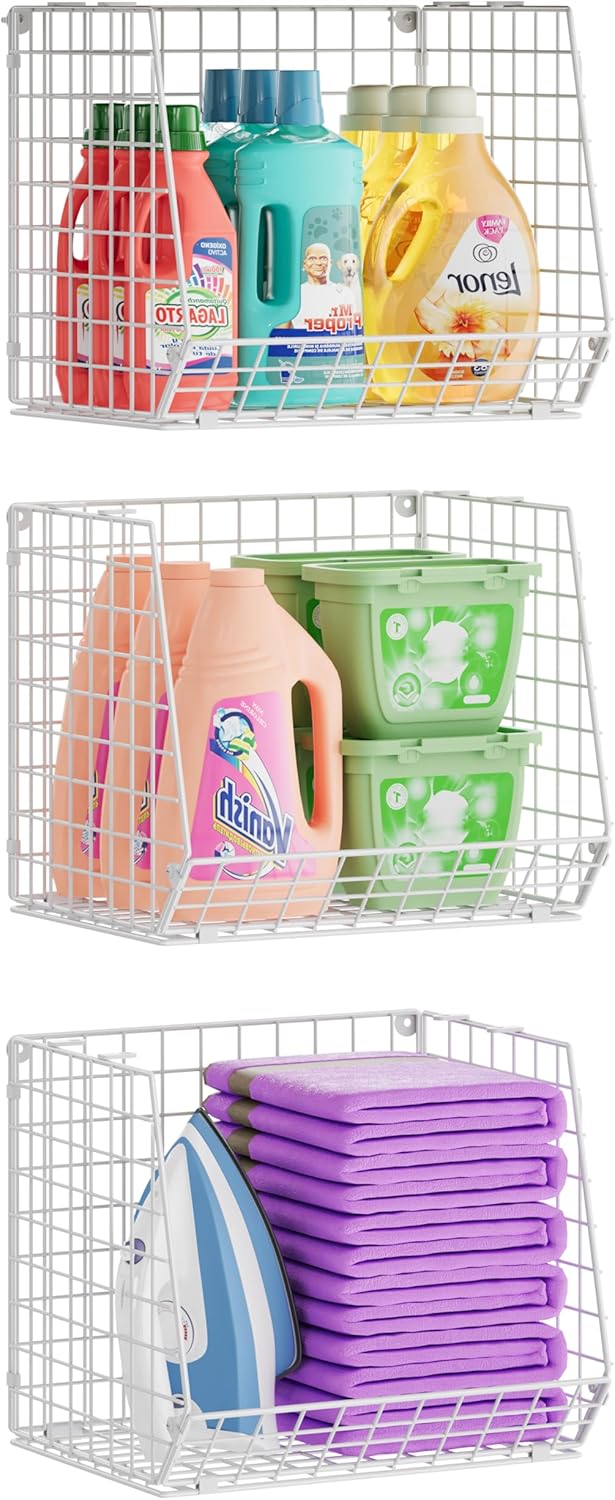 3-Tier Hanging Laundry Basket Organizer：Foldable Wire Shelf Laundry Room Organizer with 360°Rotating Hooks Small Space Solutions Closet Hanging Organizer - Laundry Organization, White Patent