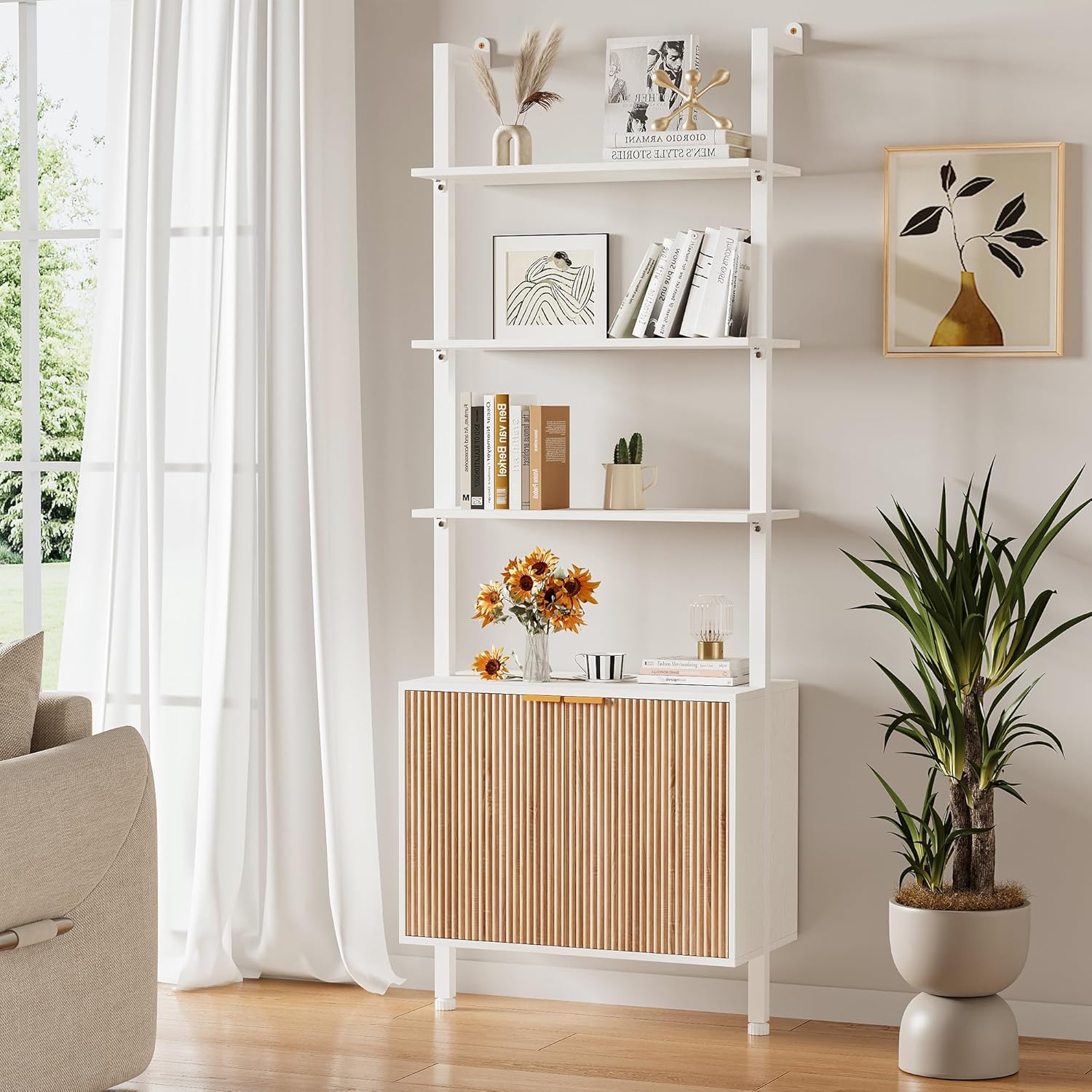 74" Tall Bookshelf with Storage Cabinet, Modern Ladder Shelf with Wood and Metal Frame, Wall Mount Bookcase Open Display Shelf Furniture for Living Room, Bedroom, Home Office, White and Oak