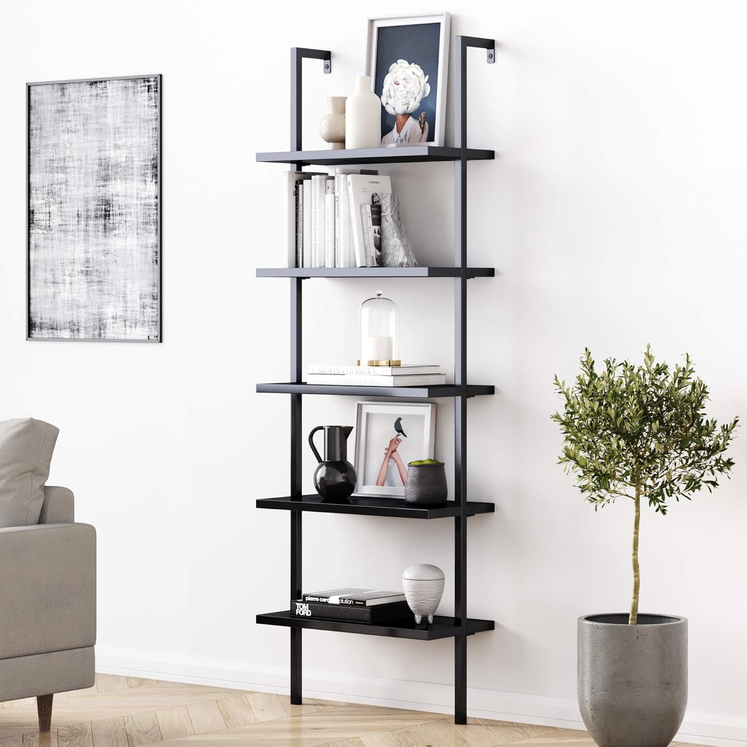 Nathan James Theo 5-Shelf Oak Wood Modern Bookcase, Open Wall Mount Ladder Bookshelf with Industrial Black Metal Frame