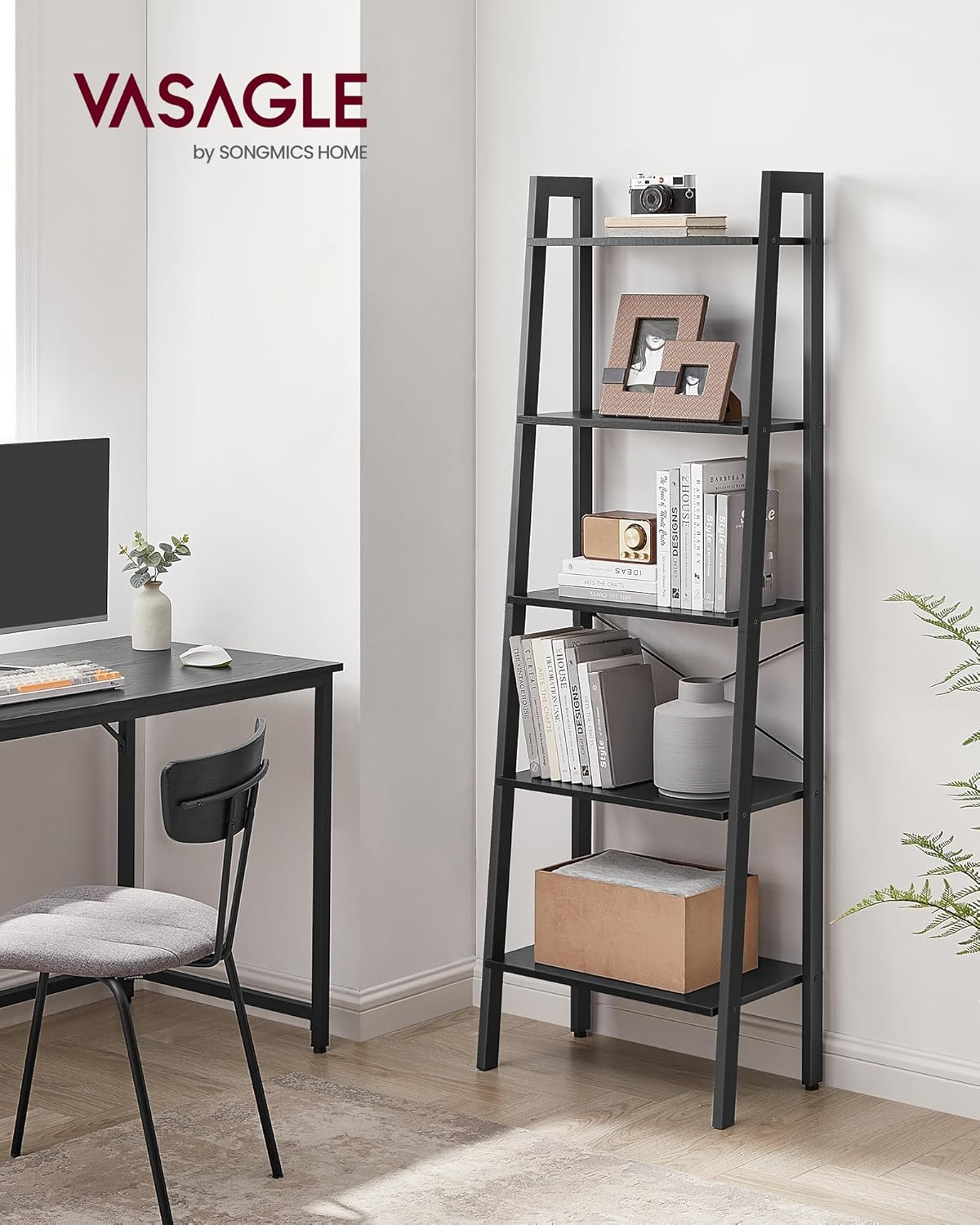 VASAGLE Ladder Shelf, 5-Tier Bookshelf, Storage Rack, Bookcase with Steel Frame, for Living Room, Home Office, Kitchen, Bedroom, Industrial Style, Ebony Black and Ink Black ULLS045B56