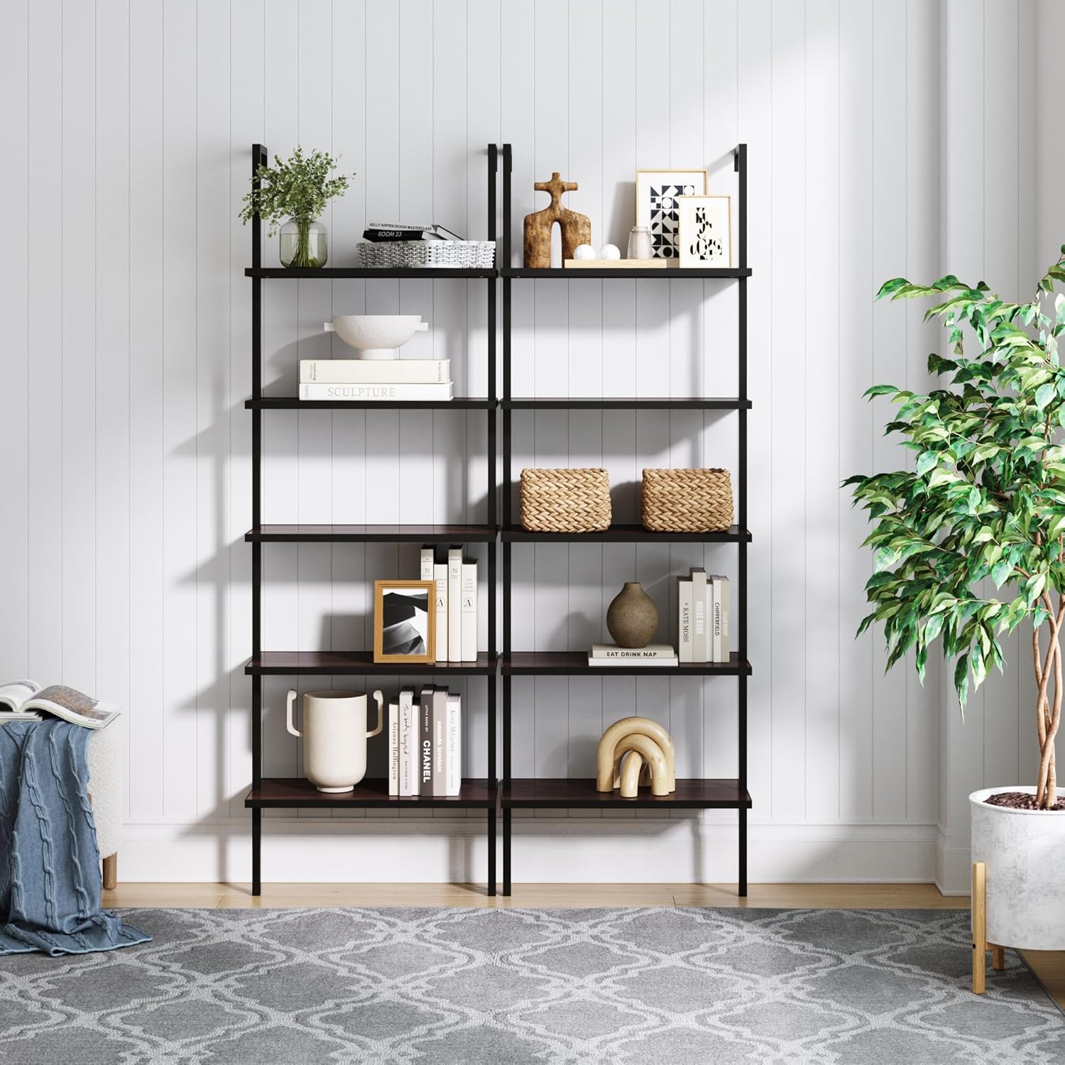 Nathan James Theo 5-Shelf Oak Wood Modern Bookcase, Open Wall Mount Ladder Bookshelf with Industrial Black Metal Frame