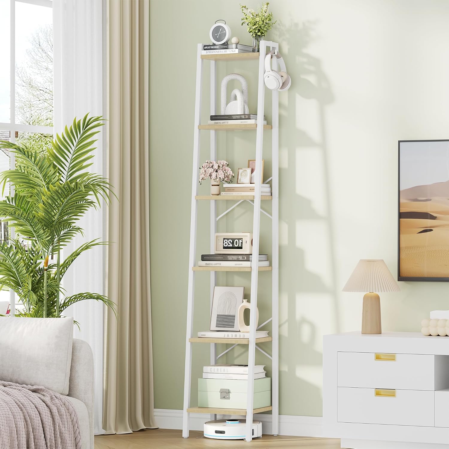 Ladder Shelf, Bookshelf Bookcase, Freestanding Corner Storage Shelve with 2 Hooks for Home Office, Living Room, Kitchen, Bedroom, Industrial, 11.8" D x 13.4" W x 63" H, Rustic Brown BC03201B