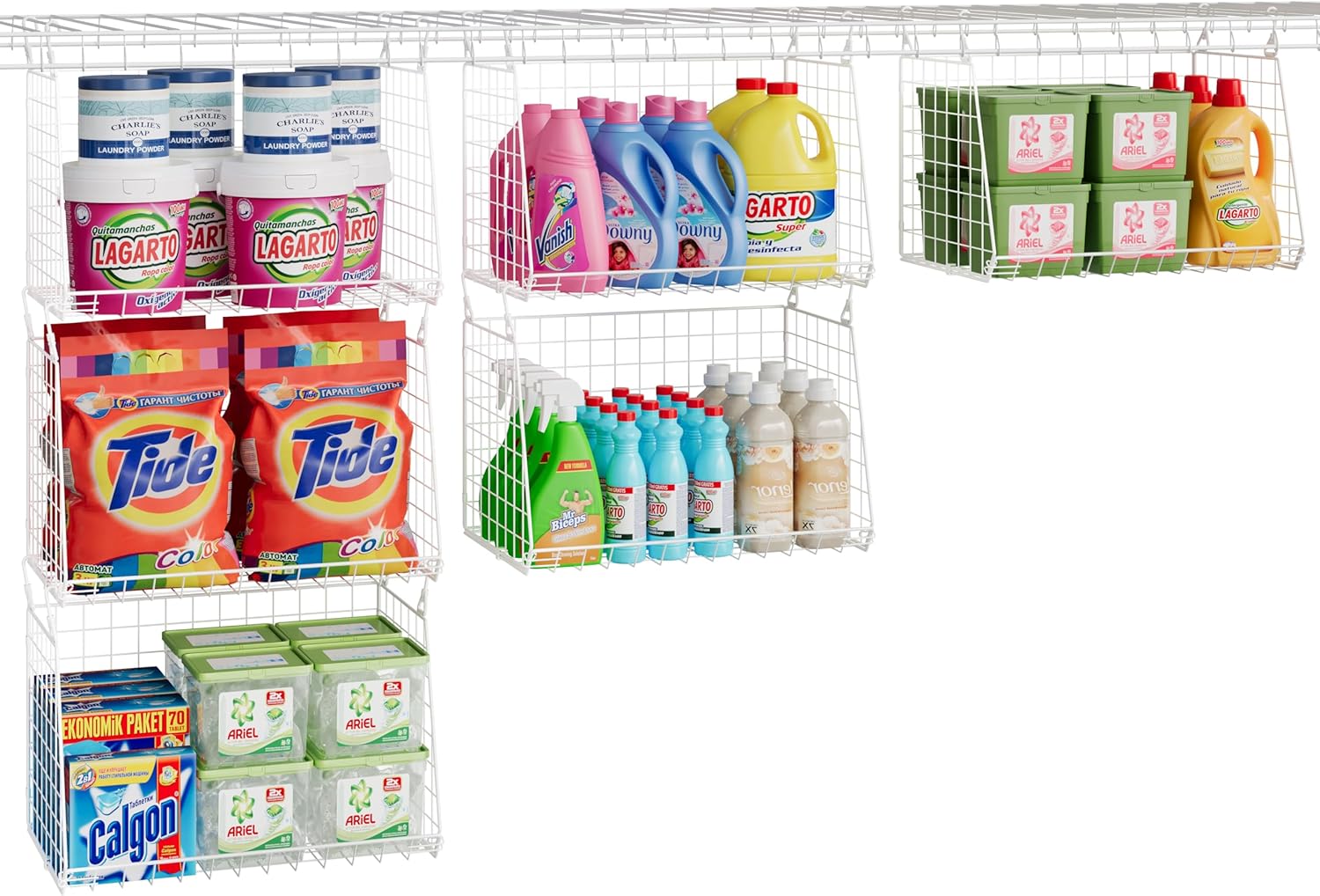 3-Pack Large Hanging Laundry Basket: Wire shelves for Laundry Room Organization with 360°Rotating Hooks Foldable Space Saving Over Washer and Dryer Shelves -Metal Laundry Basket Holder, White Patent