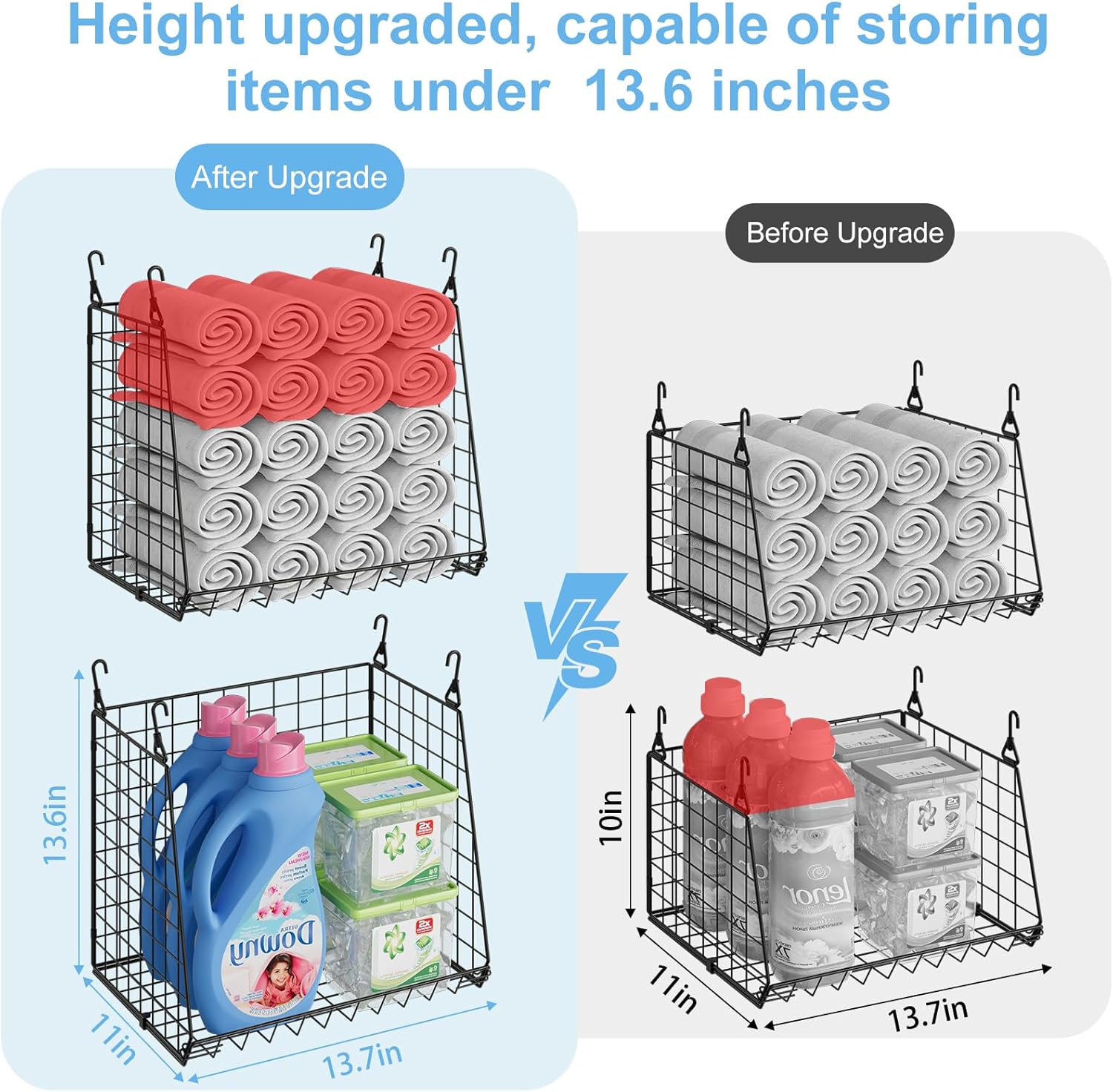 3-Pack Extra-Tall 13.6'' Hanging Laundry Basket Organizer, Foldable Wire Shelf with 360° Rotating Hooks & Reinforced Height - Durable Space-Saving Laundry Room & Closet Organizer, White Patent