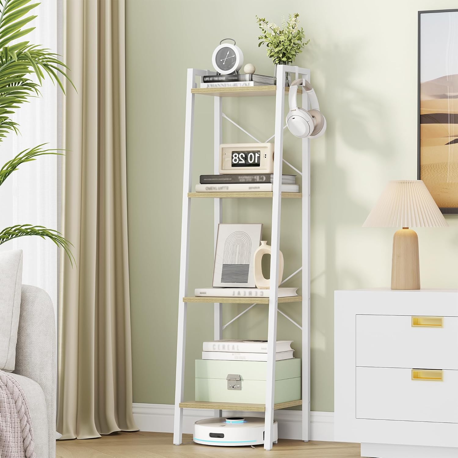 Ladder Shelf, Bookshelf Bookcase, Freestanding Corner Storage Shelve with 2 Hooks for Home Office, Living Room, Kitchen, Bedroom, Industrial, 11.8" D x 13.4" W x 63" H, Rustic Brown BC03201B