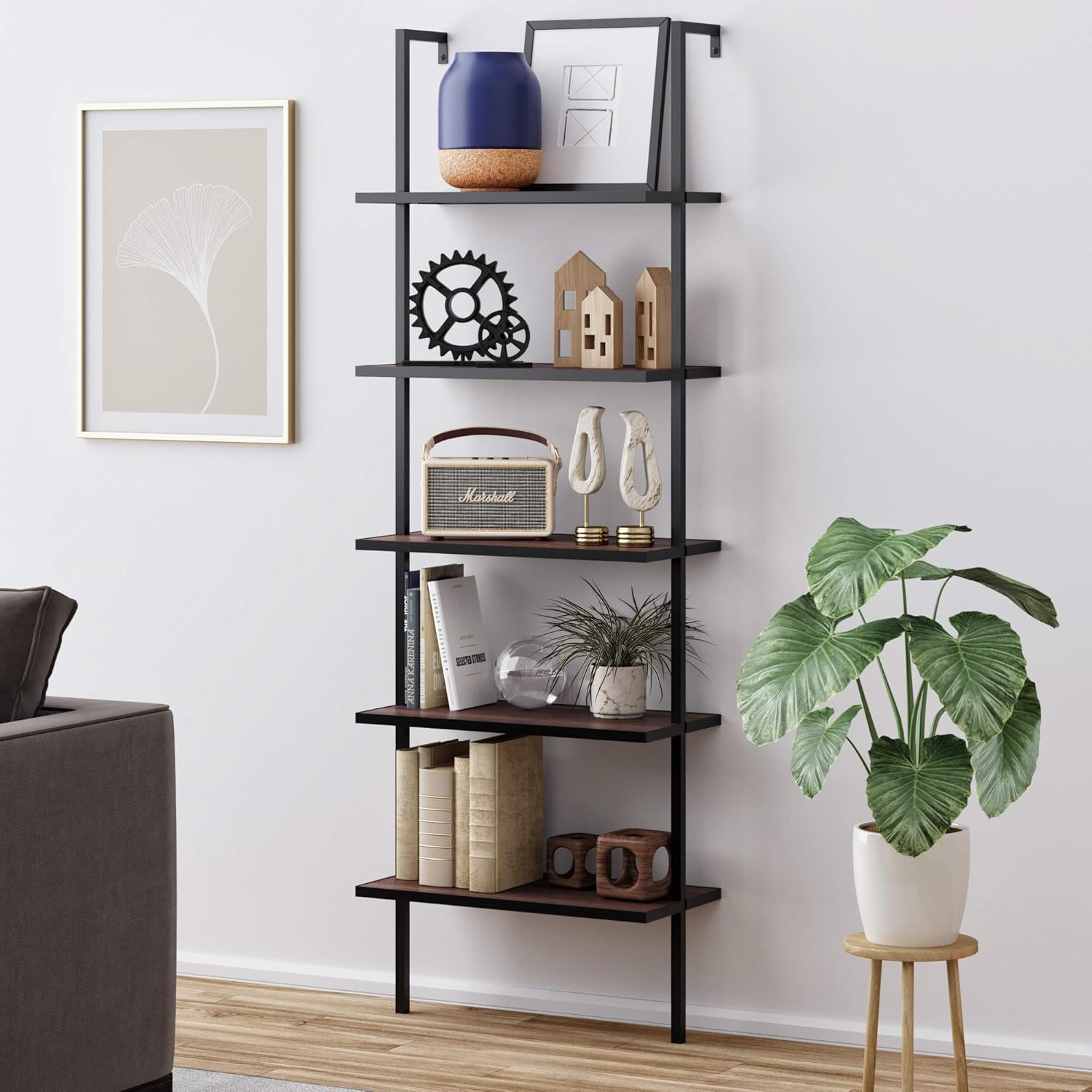 Nathan James Theo 5-Shelf Oak Wood Modern Bookcase, Open Wall Mount Ladder Bookshelf with Industrial Black Metal Frame