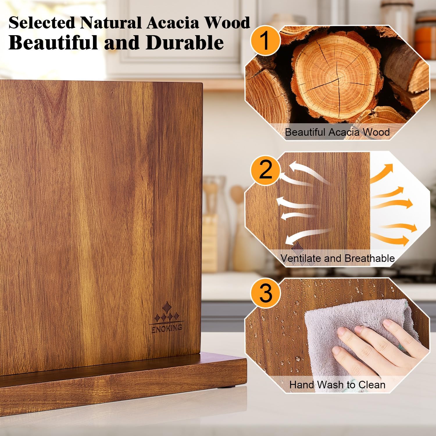 ENOKING Extra Large Magnetic Knife Block, 15.2-In Acacia Wood Knife Holder for Home Kitchen, Universal Knife Holder Stand with Strong Enhanced Magnets for Safe and Multifunctional Knife Storage