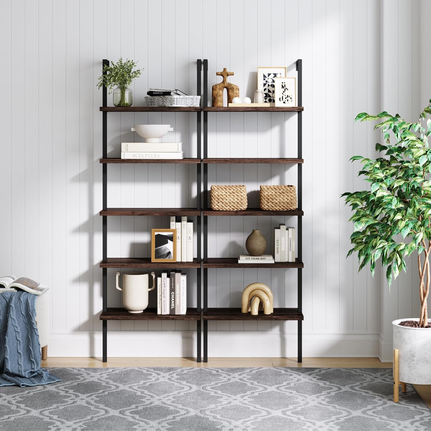 Nathan James Theo 5-Shelf Oak Wood Modern Bookcase, Open Wall Mount Ladder Bookshelf with Industrial Black Metal Frame