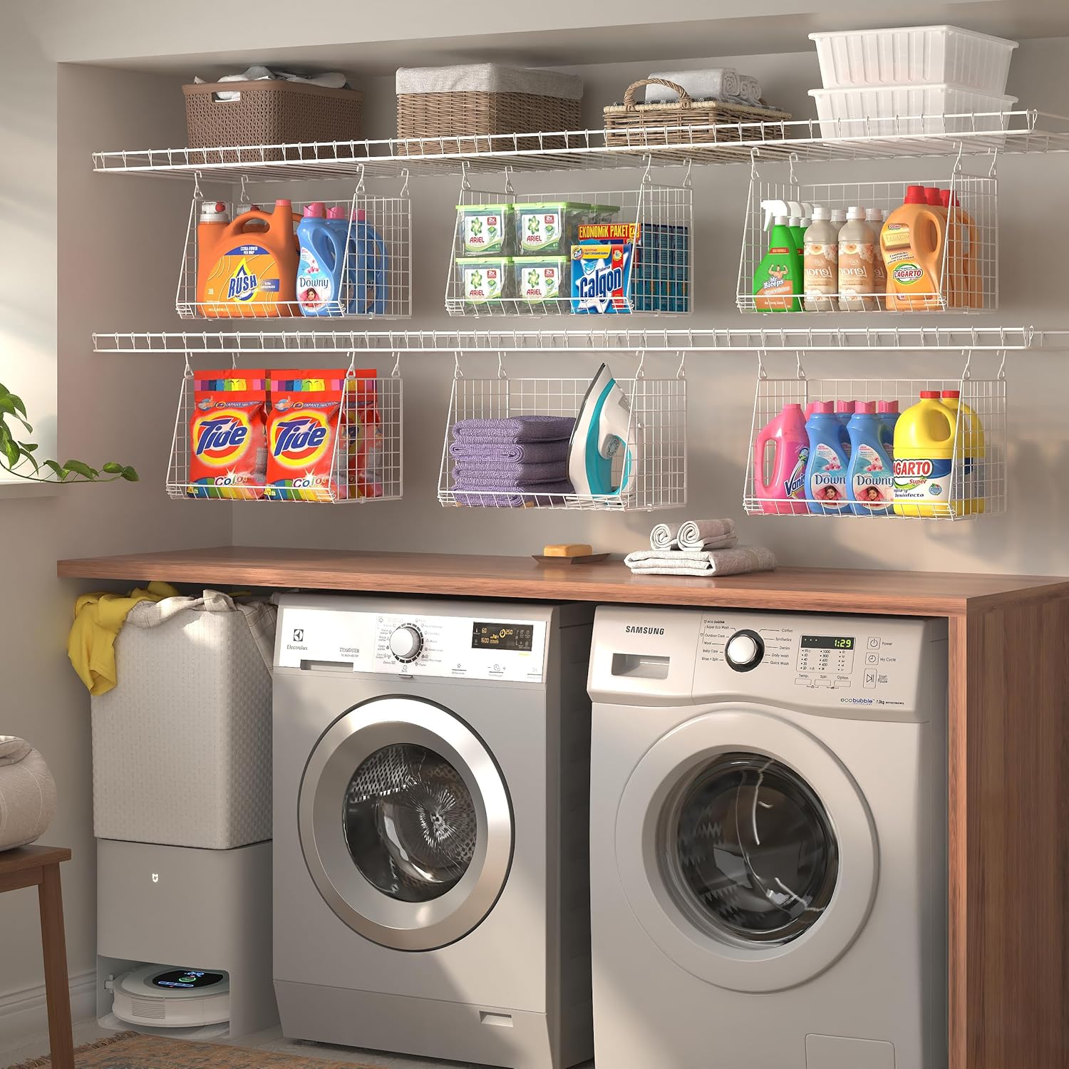 3-Pack Large Hanging Laundry Basket: Wire shelves for Laundry Room Organization with 360°Rotating Hooks Foldable Space Saving Over Washer and Dryer Shelves -Metal Laundry Basket Holder, White Patent