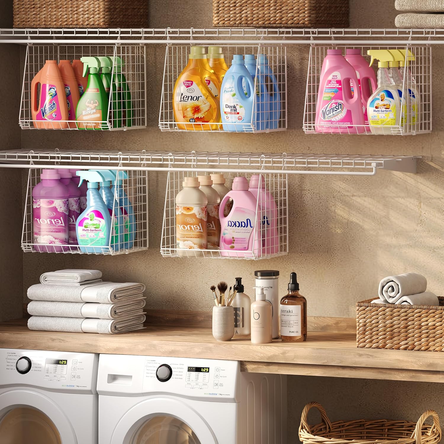 3-Pack Extra-Tall 13.6'' Hanging Laundry Basket Organizer, Foldable Wire Shelf with 360° Rotating Hooks & Reinforced Height - Durable Space-Saving Laundry Room & Closet Organizer, White Patent